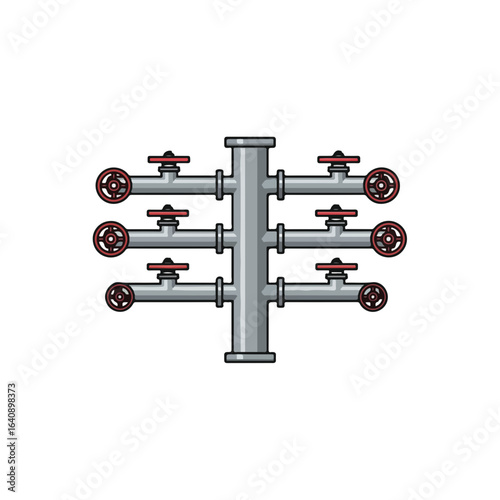 Industrial plumbing system showing connection points for city communications. Connection system includes multiple pipes with red valves for controlling fluid flow.