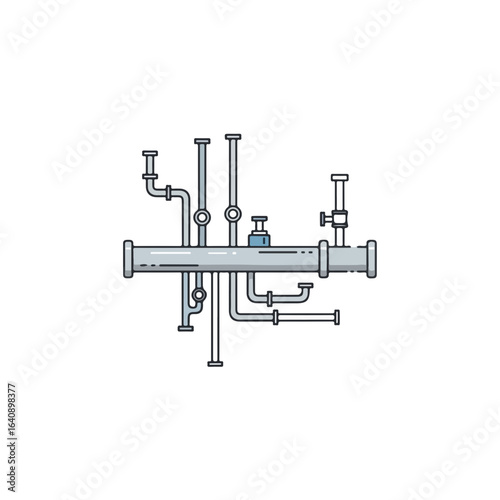 Piping system with pipes and valves on white backdrop for industry needs. Intricate piping system includes multiple gray pipes, junctions, and regulation valves for industrial use,