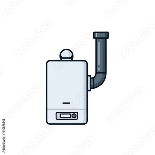 Modern water heater with gray pipe and display against white background. Water heater setup is sleek and minimalist, displaying contemporary design elements.