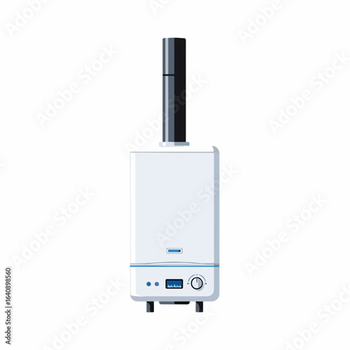 White gas boiler for home heating system and water heater on plain background. Home heating appliances and gas boiler include display screen, indicators, and control panel.
