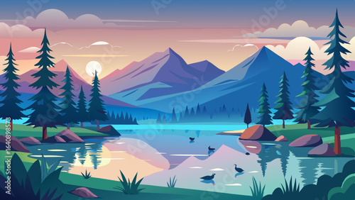 a serene lake surrounded by tall pine trees