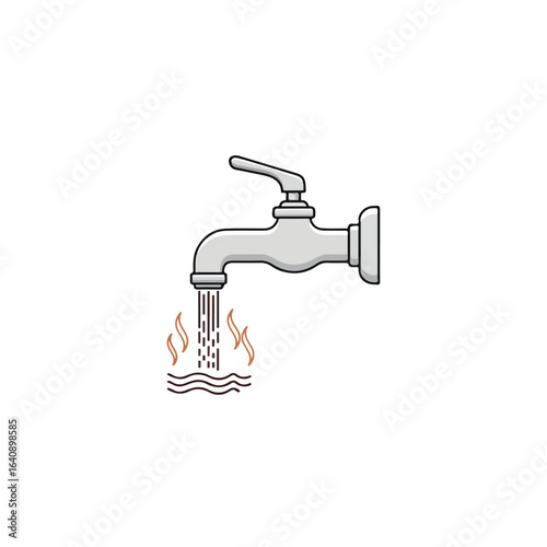 Water tap illustration showing running hot water for household use. Hot water flowing indicates heat and cleanliness, good for hygiene. Show running hot water from tap for sanitation and plumbing.