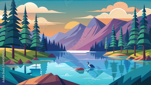 a serene lake surrounded by tall pine trees
