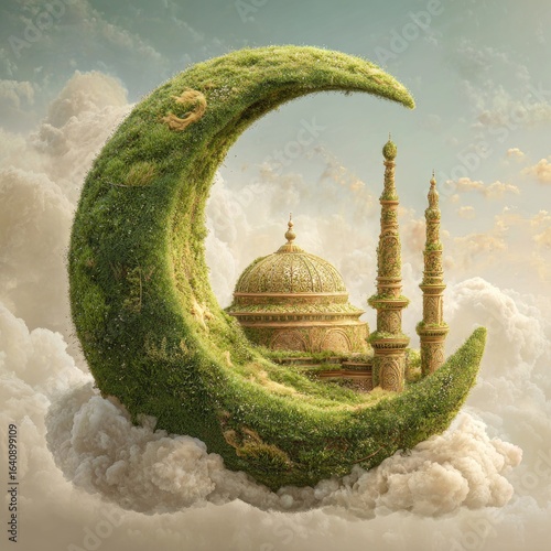 Crescent moon, grassy, mosque, clouds