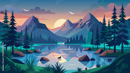 a serene lake surrounded by tall pine trees