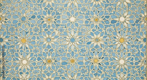 A vibrant and complex ornamental pattern of interlocking star and floral motifs in blue, white, and yellow, resembling traditional mosaic art.