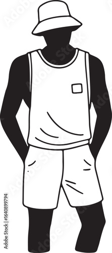 Summer Outfit with Tank Top, Shorts, and Bucket Hat, Casual Beachwear Apparel Design