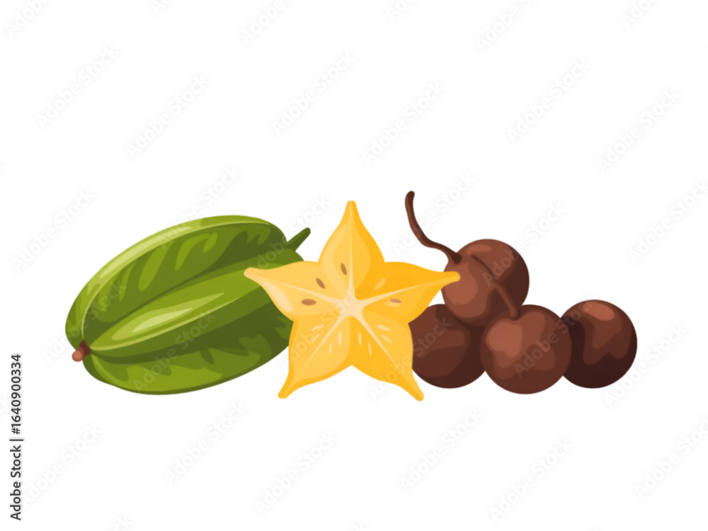 Fototapeta premium Green star fruit yellow star fruit brown berries isolated on a transparent background starfruit