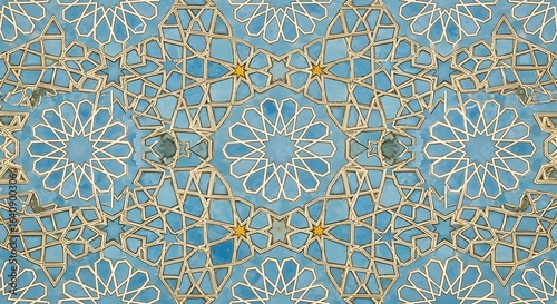 Intricate geometric Islamic tile pattern featuring repeating floral motifs and star shapes in shades of turquoise and gold, showcasing detailed craftsmanship.