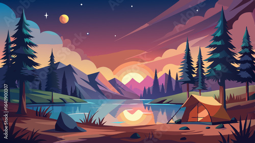 calm lakeside camping scene with starlit sky