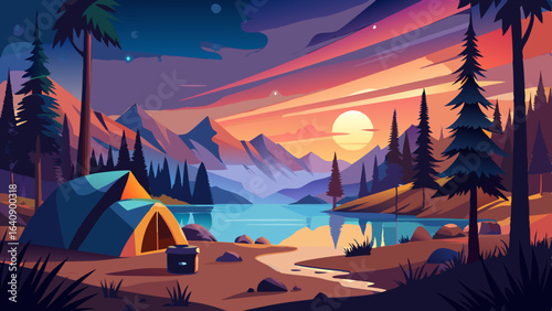 calm lakeside camping scene with starlit sky
