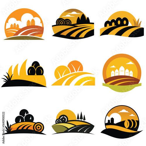 Collection of nine different farming and agriculture themed logo vector illustrations