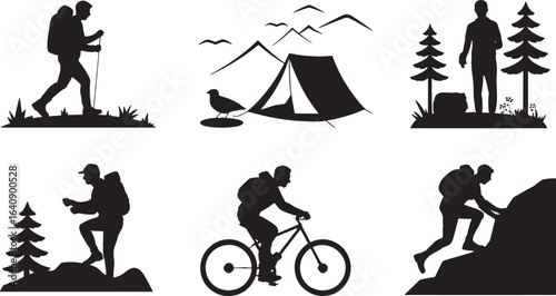 Silhouette Outdoor Adventure Set Hiking Biking Climbing Camping Nature Exploration Vector