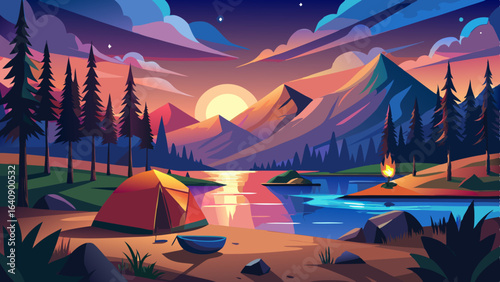 calm lakeside camping scene with starlit sky