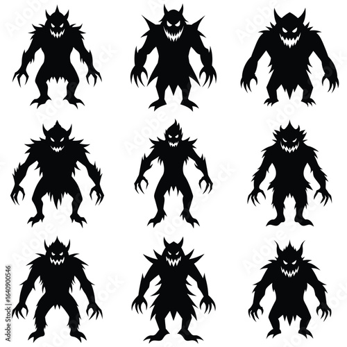 Collection of Nine Silhouette Monster Designs on a White Isolated Background