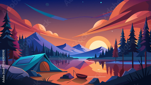calm lakeside camping scene with starlit sky