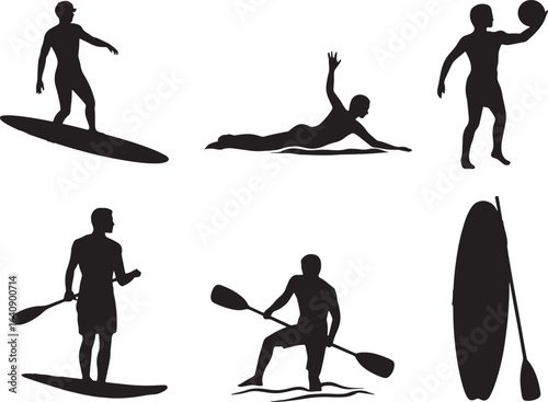 Silhouette Collection of Water Sports Activities Surfing Paddleboarding Swimming and Beach Fun