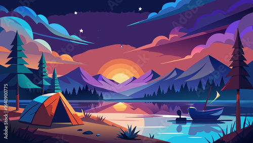 calm lakeside camping scene with starlit sky