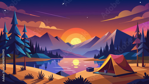 calm lakeside camping scene with starlit sky