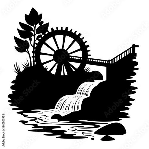 Silhouette of water wheel in stream, renewable energy and hydropower concept