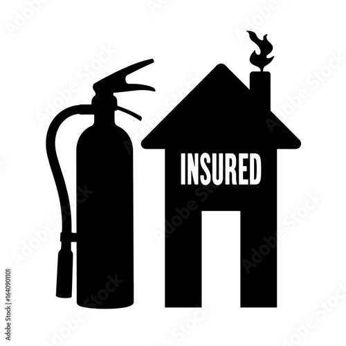 Fire extinguisher silhouette beside insured house sign, symbol of property insurance and risk management