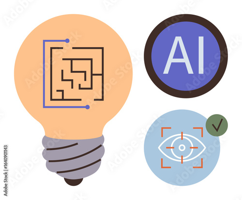 Lightbulb with circuit design, blue AI marker, and eye recognition icon with green check. Ideal for innovation, AI technology, creativity, machine learning, smart solutions computer vision. Simple