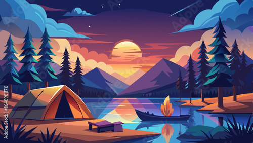 calm lakeside camping scene with starlit sky