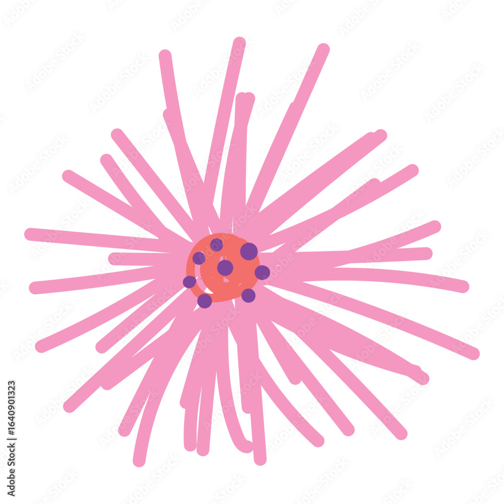 Obraz premium Playful Pink Flower With Petals Radiating Around A Dotted Center. Delicate cartoon wild plant. Cute nature herb perfect for invitations, cards, posters, holidays, stickers.
