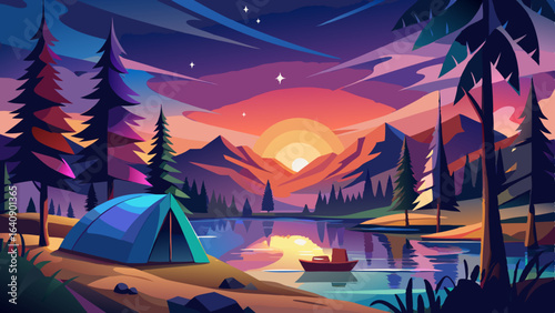 calm lakeside camping scene with starlit sky