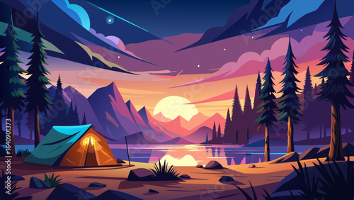 calm lakeside camping scene with starlit sky