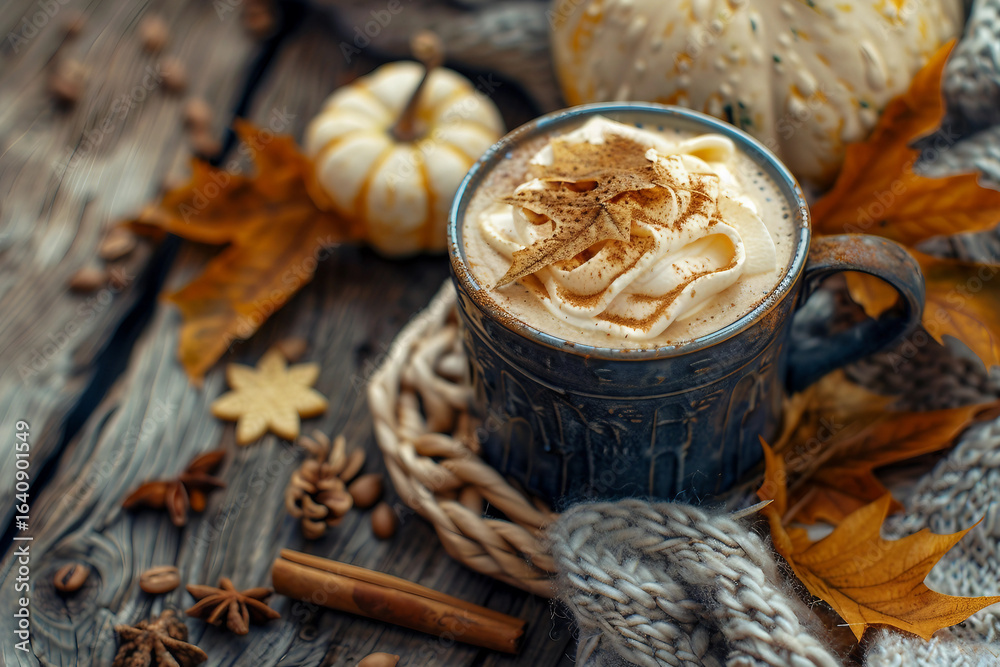 Hot autumn drink with whipped cream, cinnamon, and cozy fall decoration on rustic wood background, generative ai Hot autumn drink with whipped cream, cinnamon, and cozy fall decoration on rustic wood background, generative ai