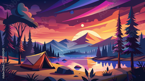 calm lakeside camping scene with starlit sky