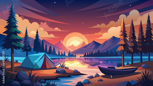 calm lakeside camping scene with starlit sky