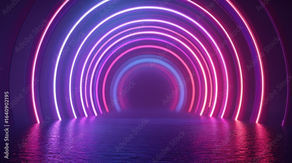 Fototapeta premium Abstract Neon Tunnel with Circular Lights, Purple, Pink, Blue Colors, and Reflective Floor, Modern Sci-Fi Background
