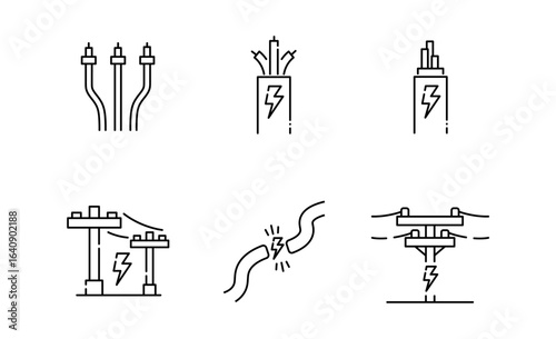 Set of Wires or cables icon, Pole Symbol Outline icon, Editable Stroke