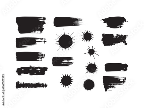 Collection of black paint splatter and brush stroke vector isolated on white background