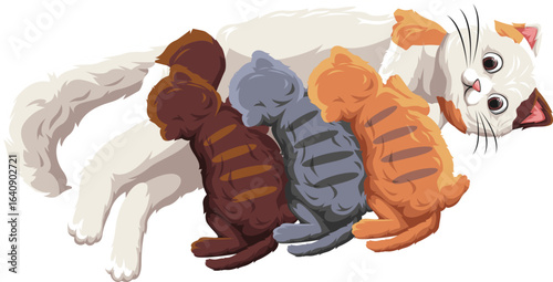 Calico Cat with Kittens Illustration