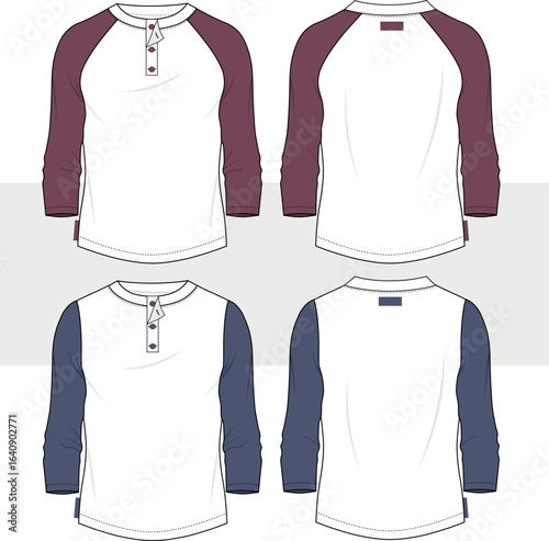 Men's Long Sleeve, Raglan Sleeve, Henley Neck T-shirt Set, Technical Fashion Drawing,  Illustration. Front and Back view, CAD, Mockup set.