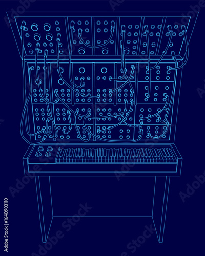 A synthesizer blueprint displays intricate buttons and knobs on a vibrant blue background. The white contours of the device contrast sharply with the deep blue, highlighting its detailed design.