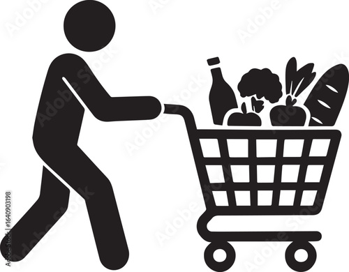 Shopping Cart Icon with Groceries A Symbol of Consumerism Retail Purchasing and Household Needs Depicted as a Black Silhouette