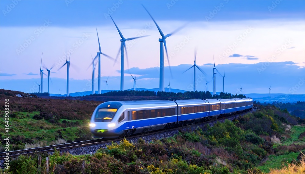 Fototapeta premium Train and wind turbines at sunset