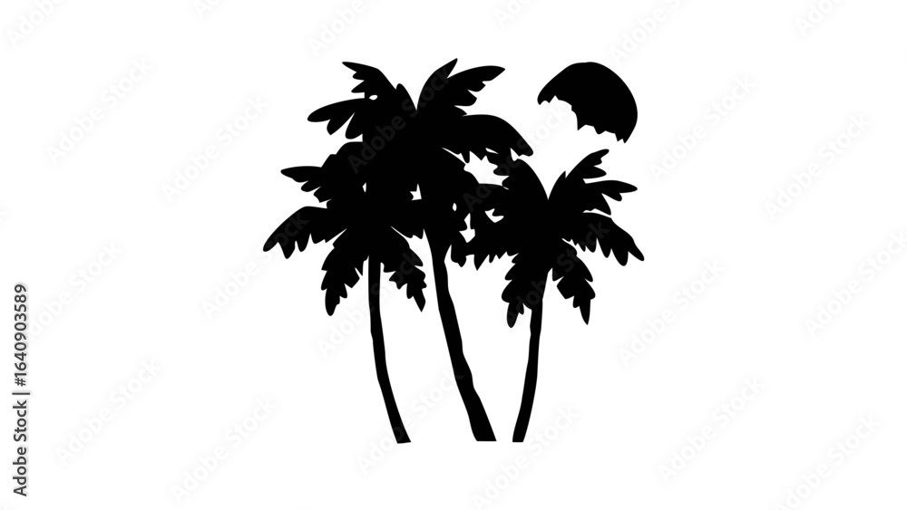 Fototapeta premium Silhouette of three palm trees with a partial moon in the background on a white canvas view scene