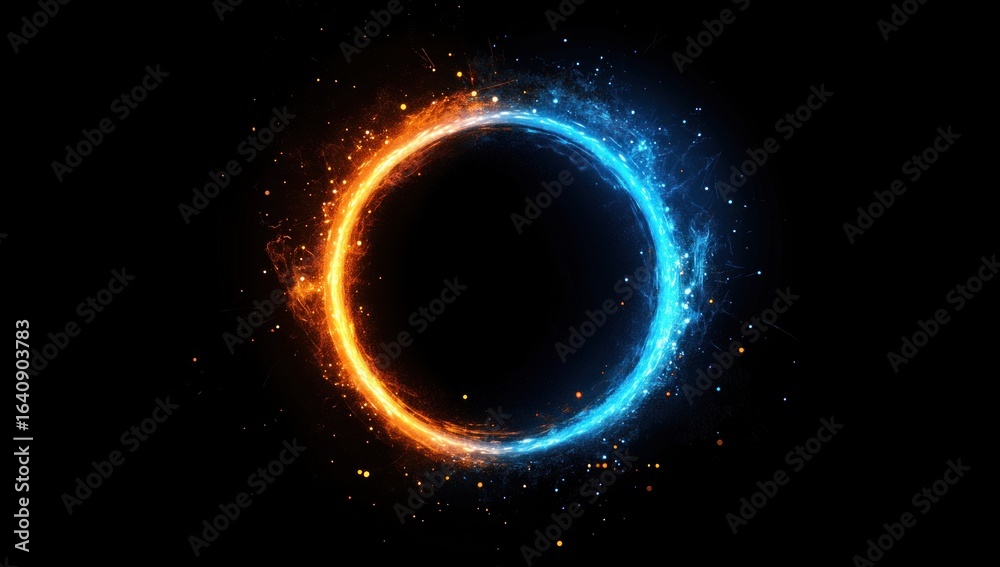 Fototapeta premium Abstract glowing circle with fire and ice effect on a black background