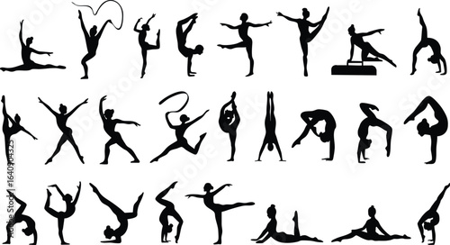 Collection of dynamic gymnastics silhouette poses in vector format, isolated on a transparent background, showcasing various athletic movements and flexibility exercises.