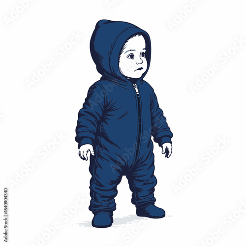 Baby in hooded jumpsuit stands on white background, wearing warm clothing for cold weather. Baby in hooded jumpsuit evokes innocence and infant fashion.