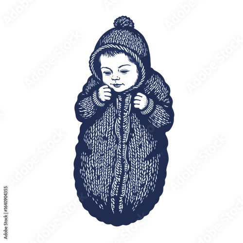 Baby in knitted cocoon for a comforting sleep, snugly wrapped in soft yarn. This baby cocoon offers warmth and security, providing a peaceful sleep experience,