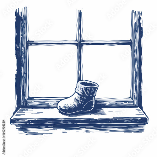 Baby socks on windowsill offer charming infant wear illustration. Baby socks represent childhood innocence and warmth, depicted with cozy texture and sketched details, near glass pane.