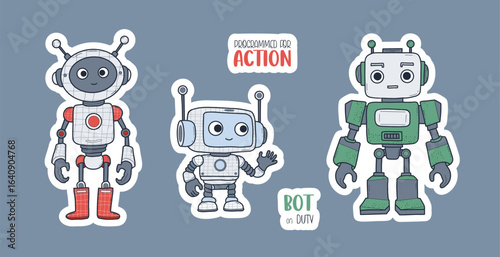 Futuristic Cute Robot Sticker Set. Isolated Technology Assistant Characters, Avatar mascot with cool slogan. Vector illustration. Not AI. Kids collection