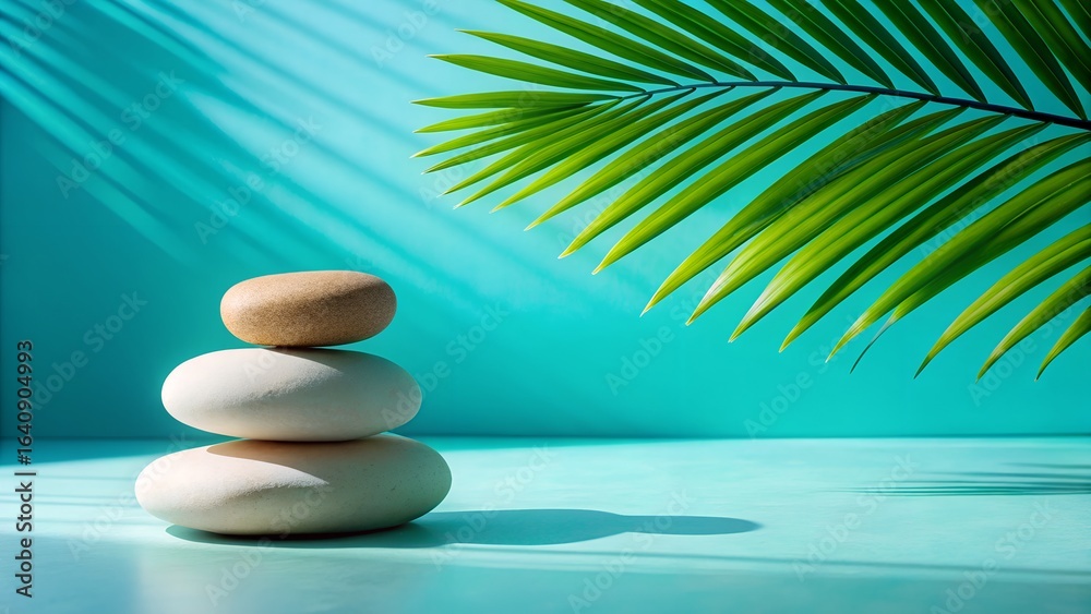 Zen Stone Stack with Palm Leaf Shadows on Turquoise Background Zen Stone Stack with Palm Leaf Shadows on Turquoise Background