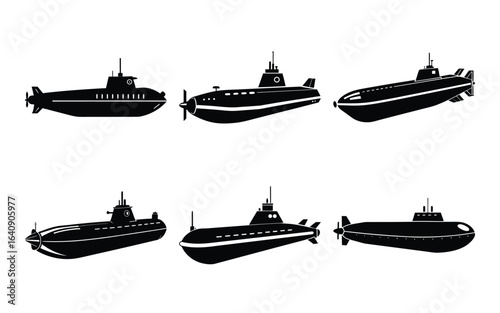 Six Black Submarines Different Designs Naval Vessels
